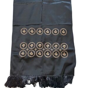 Black Silk Scarf Gold Embroidered Medallion Griffin Baroque Fringe‎ Wrap Shawe